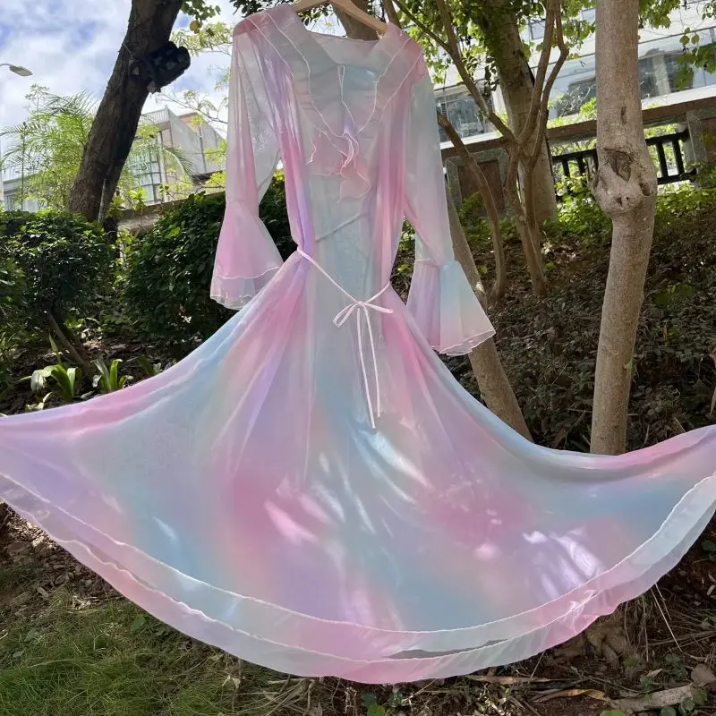 

Мужское и женское сексуальное прозрачное тюлевое длинное платье с роговыми рукавами, многослойное свободное ночное платье с оборками и воротником, халат для сна больших размеров