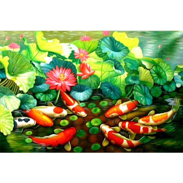 DIY full Diamond Embroidery,Round Diamond Lotus Pond Fish Living room decoration rhinestone bead Diamond painting