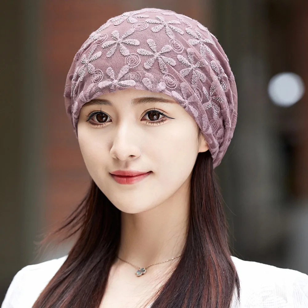 

Lace Flower Beanies Cap Breathable Elegant Thin Crochet Slouchy Hat Casual Headscarf Wrap Turban Beanies Caps Spring Summer