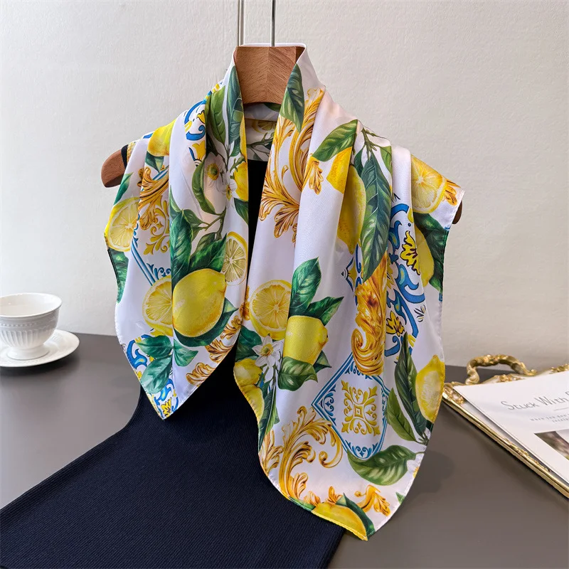 2026 New Lemon Printed Square Scarf Soft Satin Imitation Silk Scarves For Women Bandanas Hijab Neckerchief Elegant Shawl Wraps - view 3