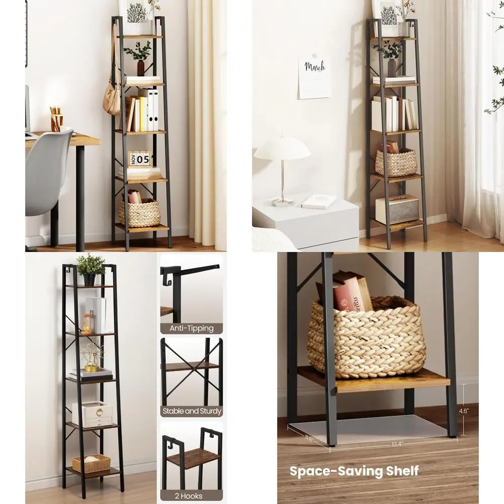 

Rustic Brown Ladder Bookshelf with Hooks, 11.8 Deep x 13.4 Wide x 63 Tall, Suitable for Home, Office, and Industrial Settings