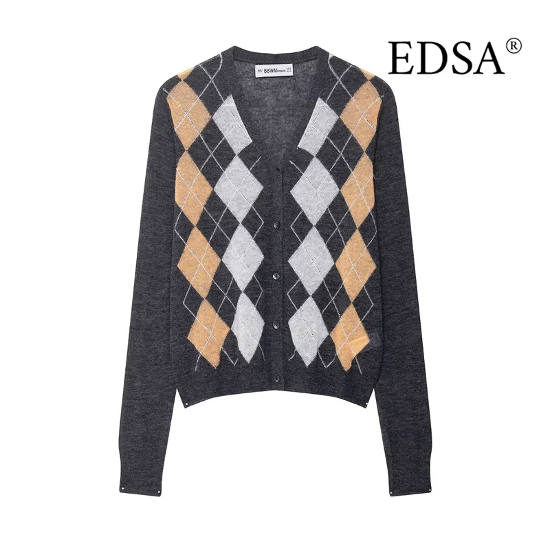 

EDSA Women Argyle Knitted Cardigan V-Neck Long Sleeves Single Breasted for Spring Autumn Sweater Coat