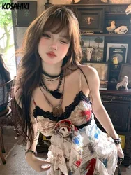 Vintage Lace Patchwork Print Tanks Summer Grunge Sexy Y2k Aesthetic 3D Flower Tops Streetwear Irregular Ruffled Women Camisole