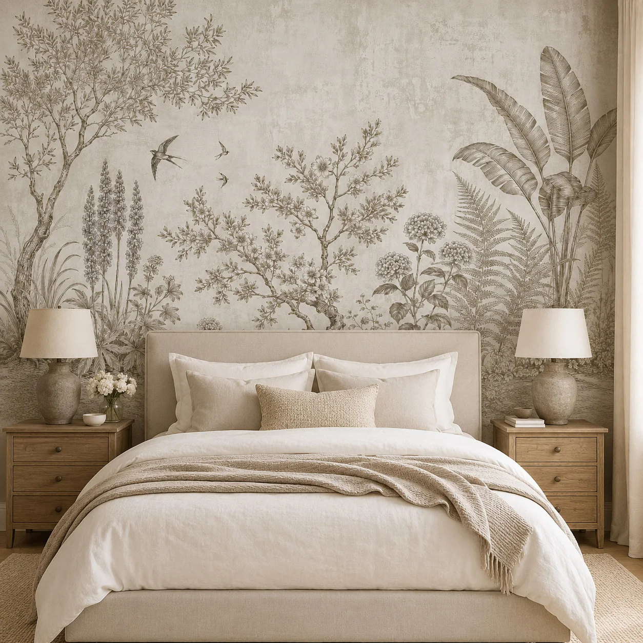 Vintage Botanical Wall Mural Wallpaper, Beige Sepia Tree Birds Plant Landscape Decor for Living Room Bedroom, Non-Self-Adhesive