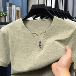 2025 New Men's Business Casual Three Button V-neck Short Sleeved T-shirt Korean Style Summer Comfortable Versatile Top
