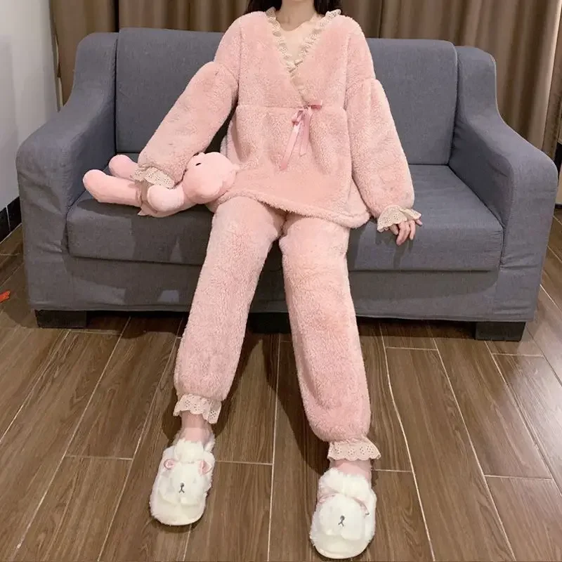 For Women Autumn and Winter Velvet Warm Home Wear Set Japanese Kimono Loungewear Women Winter Thick Coral Velvet Pajamas