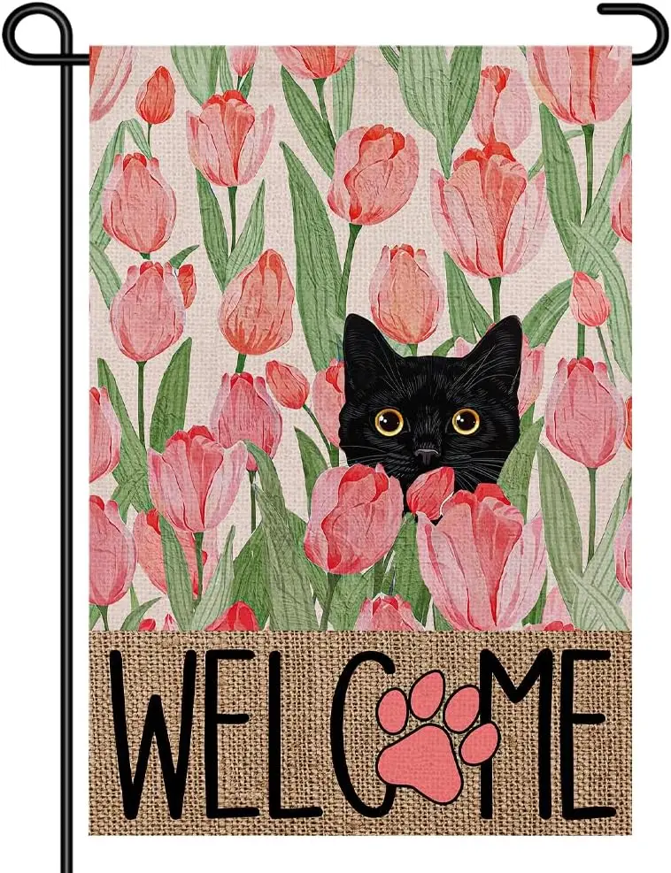 Black Cat Welcome Garden Flag 12x18 Inch, Tulip Floral Spring Yard Flag with Paw Print, Double Sided Burlap Outdoor Decorati GGO