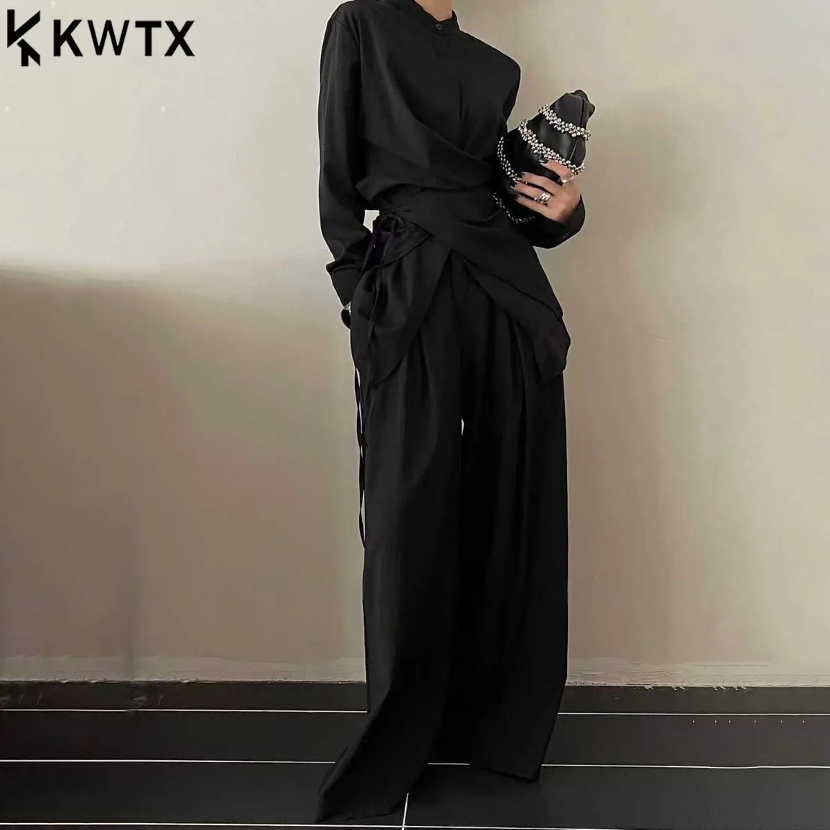 

KWTX Women’s 2 Piece Set Belted Asym Tie Button Shirt High Waist Wide Leg Pants Elegant Chic Spring Summer Casual Solid Color