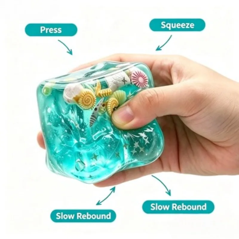 Ocean Gel Cube Squishy Fidget Toy Stress Relief Sensory Toy Starfish Shell Filled Clear Squeeze Toy