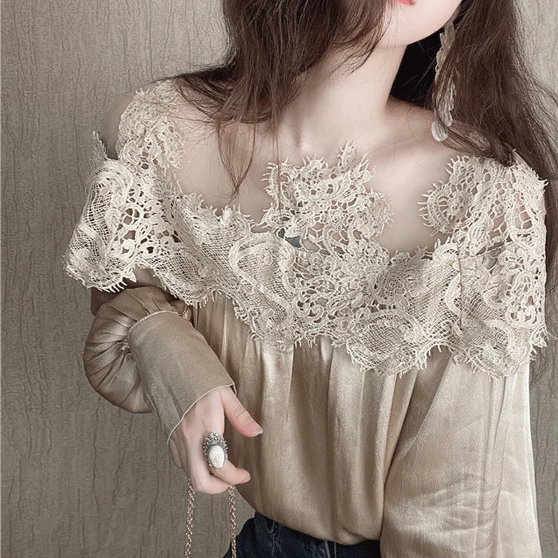 2023 Summer Fashion Lace Round Neck Fashion Sexy Women\'clothing Casual Versatile Pleated Long Sleeve Breathable Solid Color Top