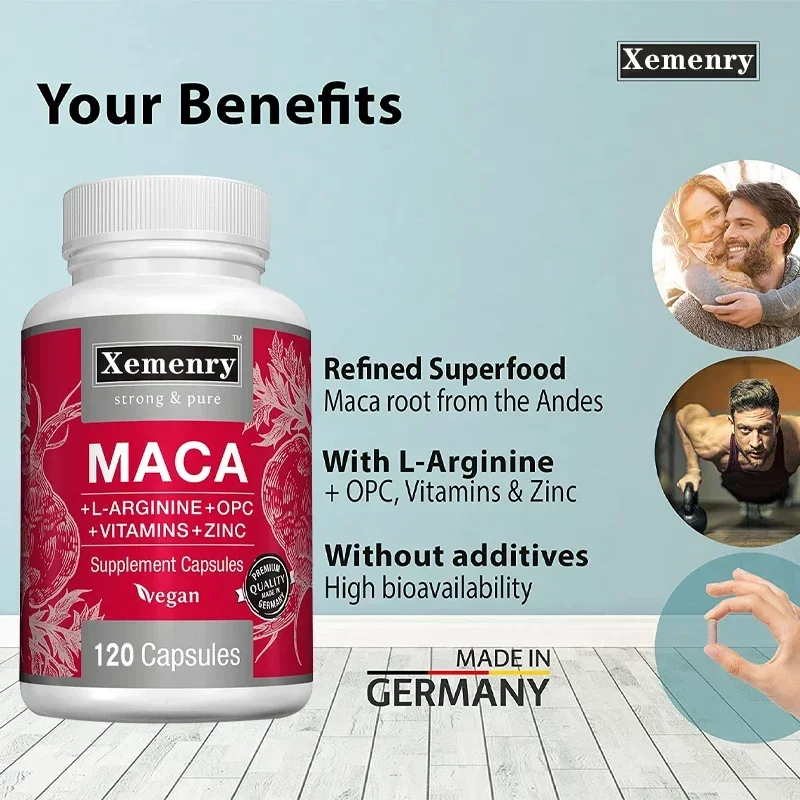 Maca Root Capsules + L-Arginine, Vitamins B6 + B12, OPC & Zinc, for Men & Women, 120 Veggie Caps