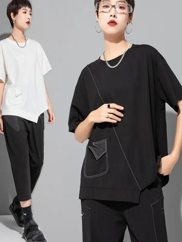 

Футболка женская летняя с коротким рукавом, оригинальный дизайн, свободный крой, круглый вырез, асимметричный подол, стройнящий эффект, большие размеры, темный стиль, сшитая из разных частей ткани