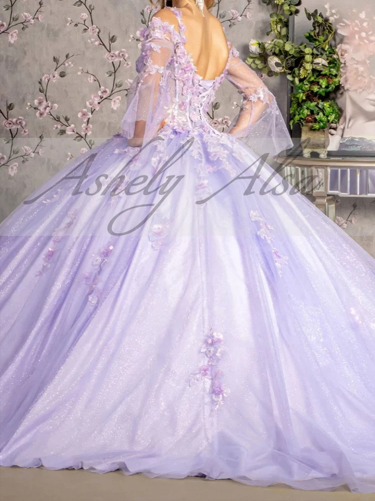 NW32 Customized Lilac Princess Girl 15 Birthday Party Dresses Off Shoulder Applique Puffly Sleeve Prom Occasion Wear Quinceanera