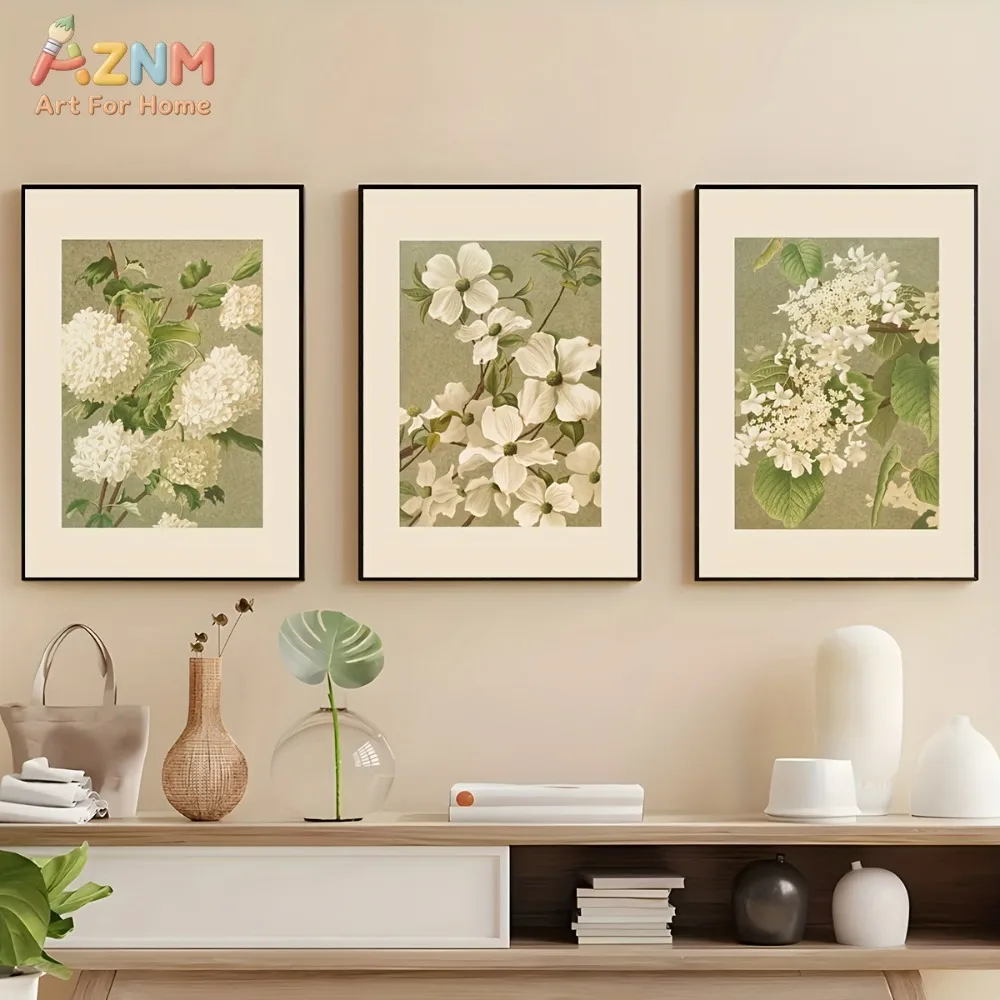 3PCS Vintage Botanical White Hydrangea & Dogwood Canvas Wall Art Prints Set, Neutral Green Background Floral Artwork Posters, No