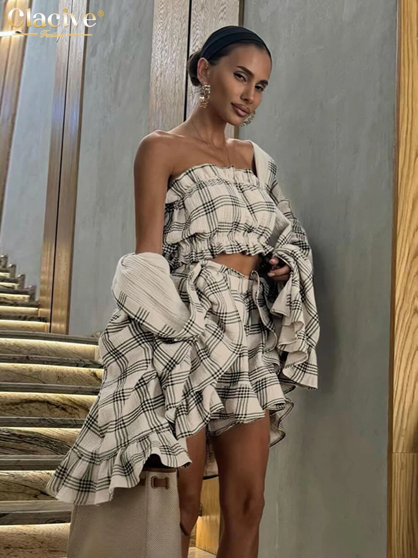 Clacive Fashion Loose Plaid Cotton Shorts Sets For Women 2 Piece Elegant Long Sleeve Shirt + Tube Top With High Waist Shorts Set