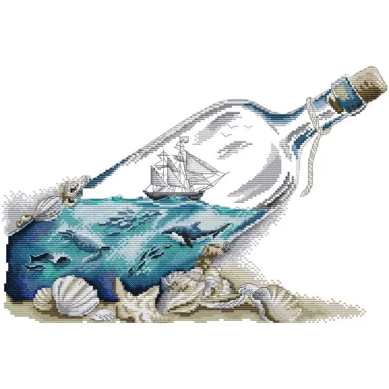 

Sea in a Drift Bottle Cross Stitch Set 14CT White Cloth 11CT 16CT Canvas Printed Fabric DMC Embroidery Thread Hand Sewing Kits