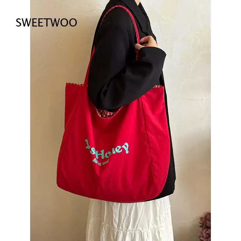 Bright Red Canvas Tote Bag Letter Print Reversible Plaid Lining Large Capacity Casual Daily Shopping Student Shoulder Handbag