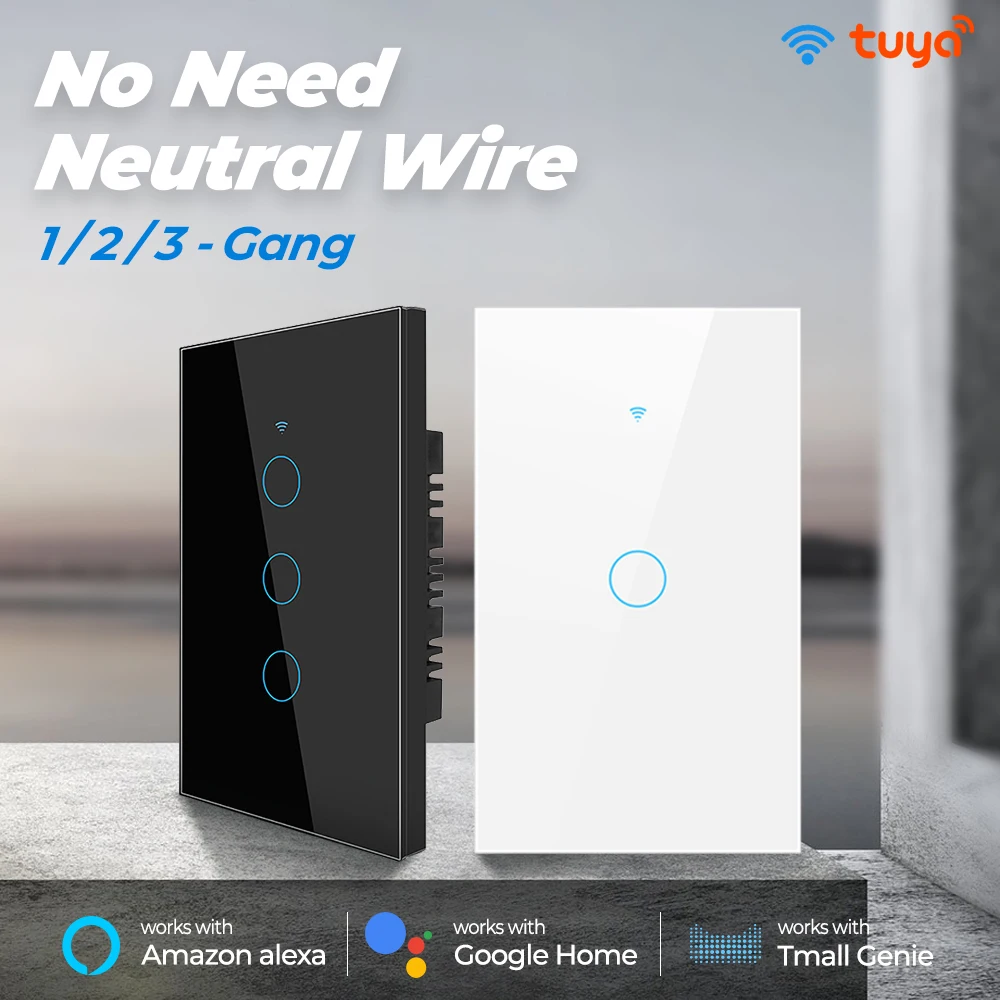 Tuya Us Brazil Wifi Smart Touch Switch Light No Neutral Wire 110V 220V 1/2/3 Gang Wall On Off Screen Panel For Alexa Google Home