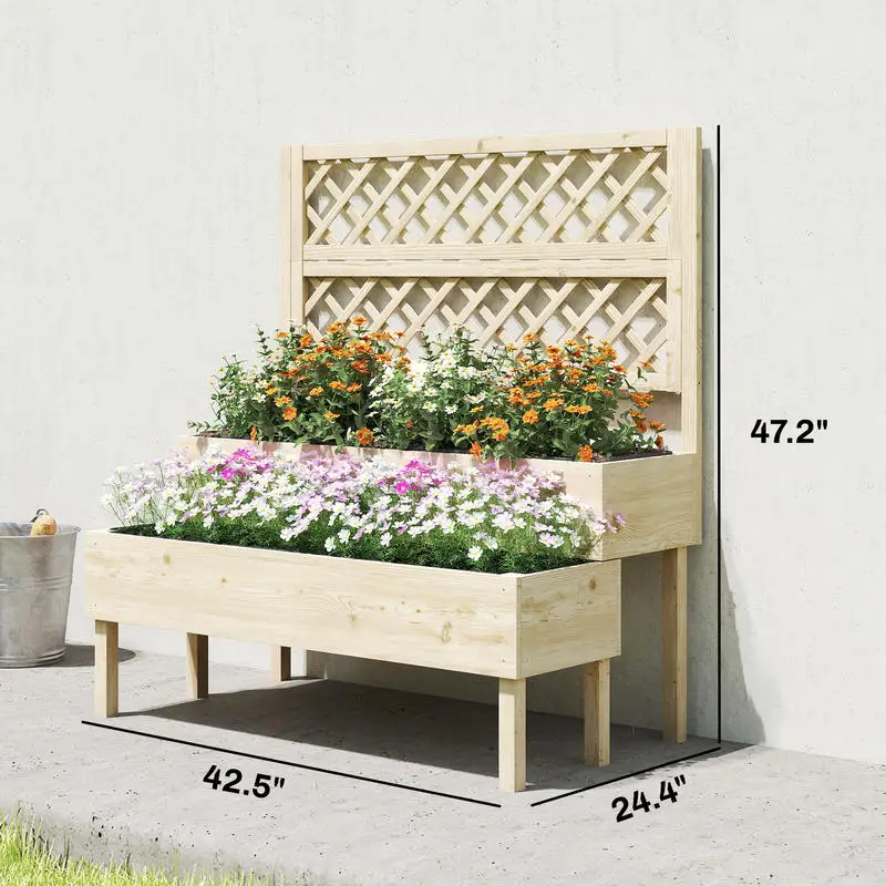 Outsunny 2-Tier Raised Garden Bed with Trellis, Elevated Planter Box for Climbing Plants, Natural