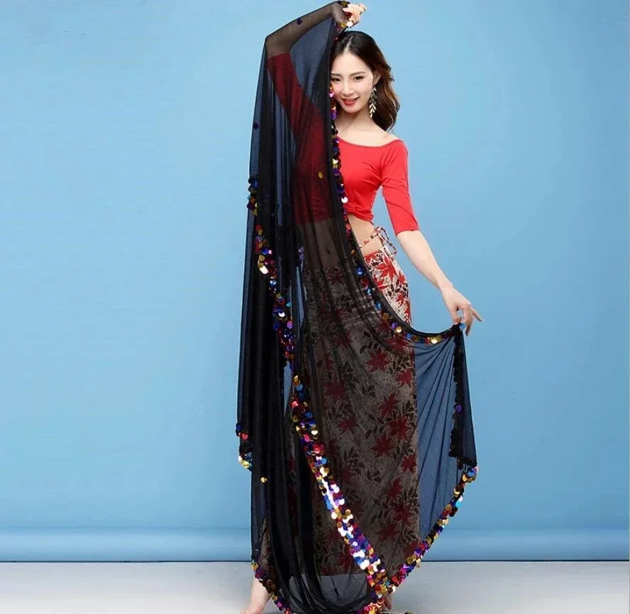 New Woman 230cm Shinning Sequin Hand Scarf Stage Dancewear Scarves Belly Dance Costume Malaya Shawls Belly Dance Veils Red Black