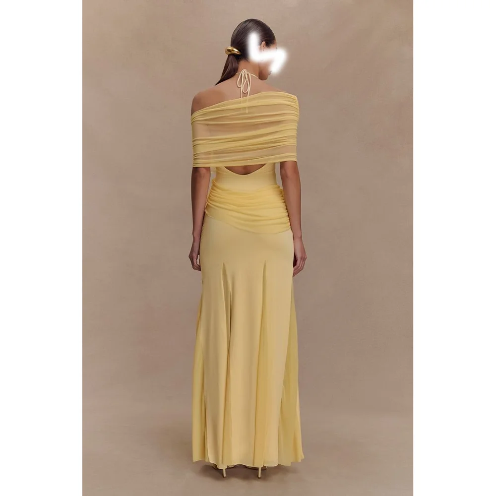 Yellow Halter A-Line Ankle-Length Evening Dress For Women Patchwork Backless Sleeveless Graduations Party Dress