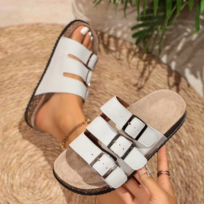 Women's Slide Sandals Flat Open Toe Triple Strap Metallic-Look Buckles Cork-Look Midsole Casual Summer Beach Daily Footwear 2026