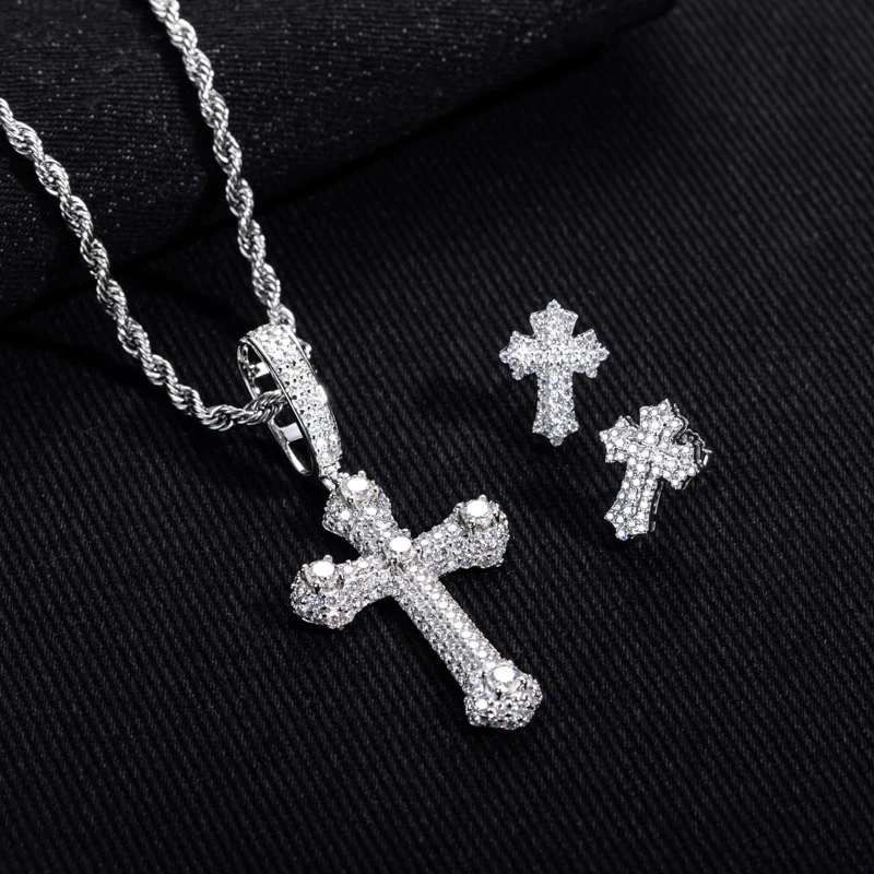 

MossanRappr Moissanite Classic Cross Necklace Iced Out Hip Hop Earrings for Men and Women 925 Sterling Silver Fine Jewelry Gifts