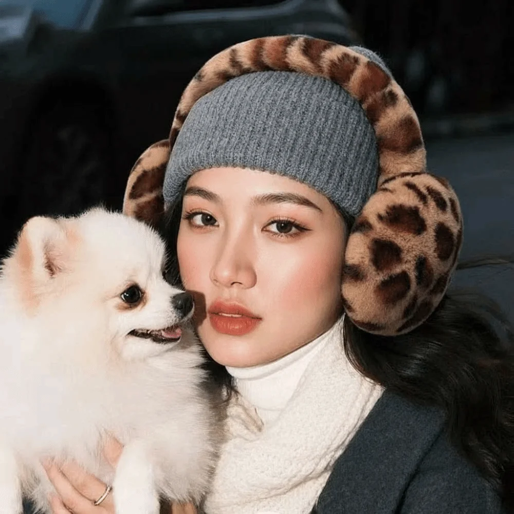 Collapsible Leopard Print Earmuffs Faux Fur Soft Plush Ear Warmers Windproof Lightweight Foldable Ear Covers Women