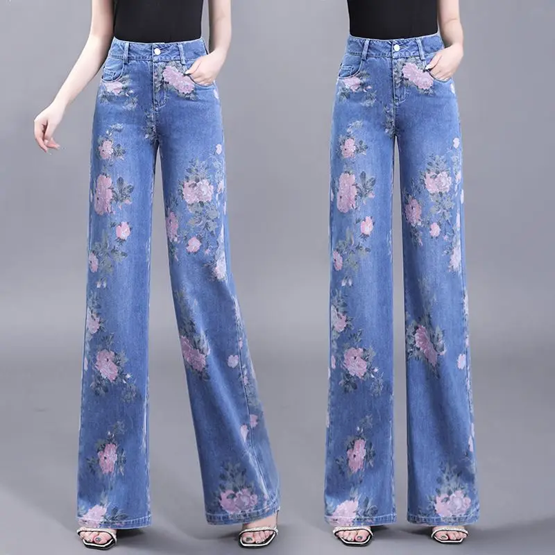 

High Quality Fashion Waist-washed Jeans for Women 2023 Spring/summer New Retro Rose Print Straight Leg Wide-leg Pants for Women