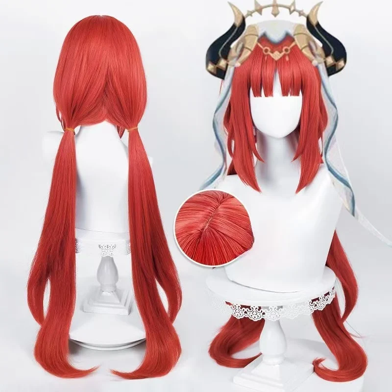 Genshin Impact Nilou Cosplay Wig 80cm Long Red Double Ponytail Wig Matte High Temperature Synthetic Hair for Halloween Party