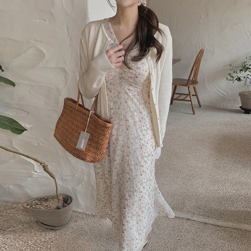 E Vestido Largo de Gasa con Cuello en V y Pliegues en la Cintura para Otoño, Vestido Largo de Estilo Coreano con Estam...