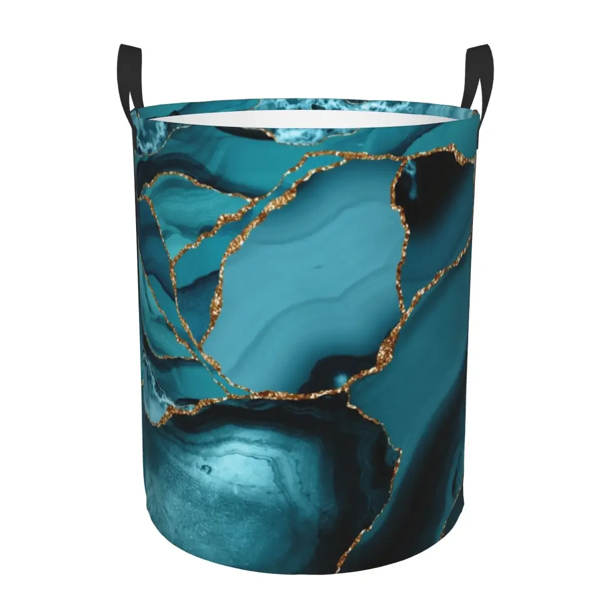 

Custom Teal And Gold Marble Landscape Waves Laundry Basket Collapsible Geometric Baby Hamper For Nursery Toys Organizer Storage