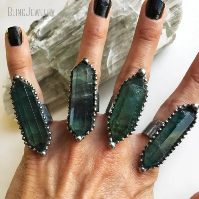 RM46900 Green Aqua Fluorite Double Terminated Ring  Crystal Gemstone Witch Boho Goth Punk Rock Chunky Statement Jewelry