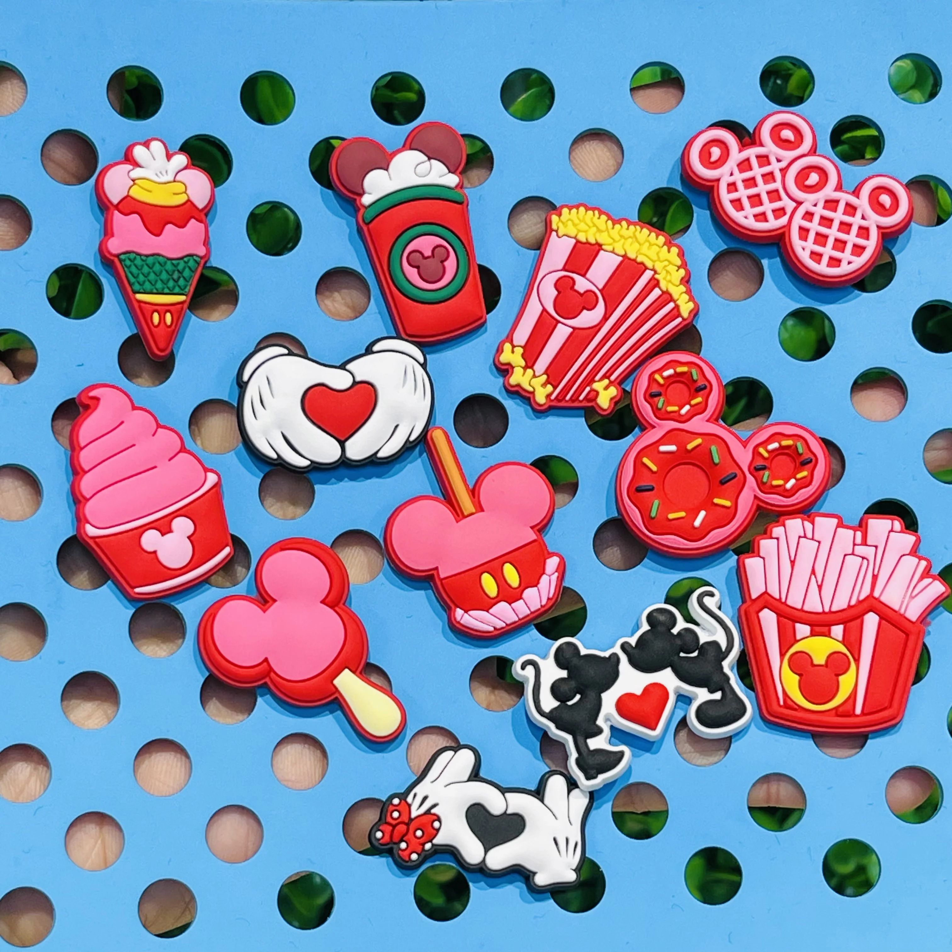 12szt Miniso Disney Mickey Ice Cream Drink Popcorn Donut Cake Chips PVC Shoe Charms Sandal Shoes Decoration Valentine's Day Gift