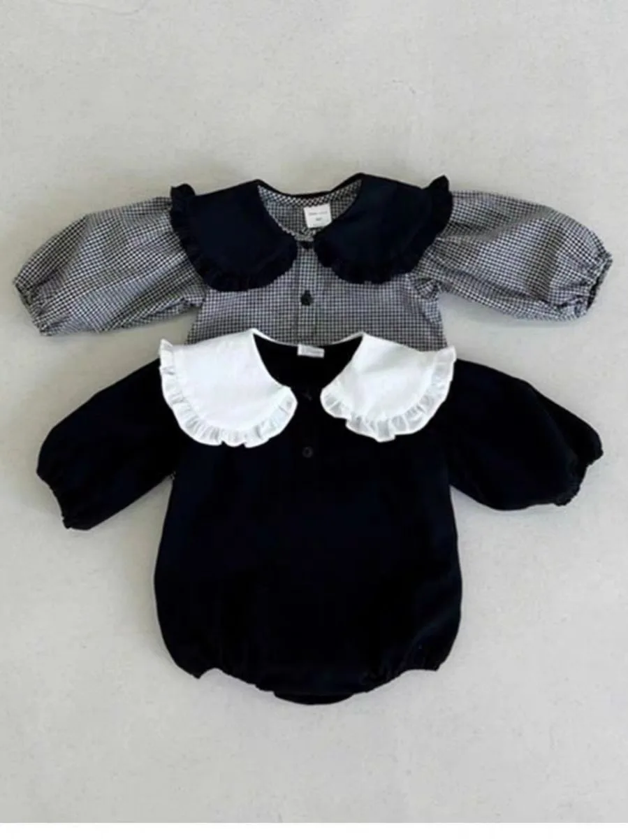 2024 Autumn New Baby Girl Long Sleeve Plaid Bodysuit Cotton Infant Girl Peter Pan Collar Jumpsuit Newborn Toddler Clothes 0-24M