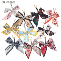 〔CC〕|Camellia Silk Scarf Bowknot Keychain Pendant Fresh Women's Bag Decor .Ribbon Bow Romantic Bag Charm Fashion Accessories