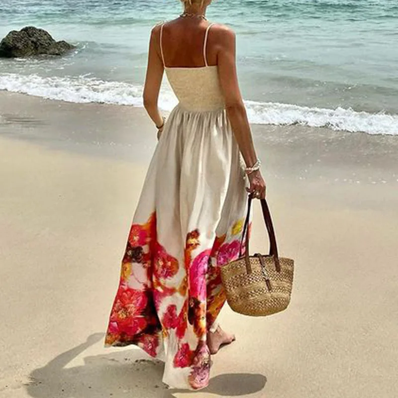 BAMBOOBOY Women Backless High Waist Vacation A-line Dress Summer Sleeveless Floral Long Slash Neck Spaghetti Strap Sundress