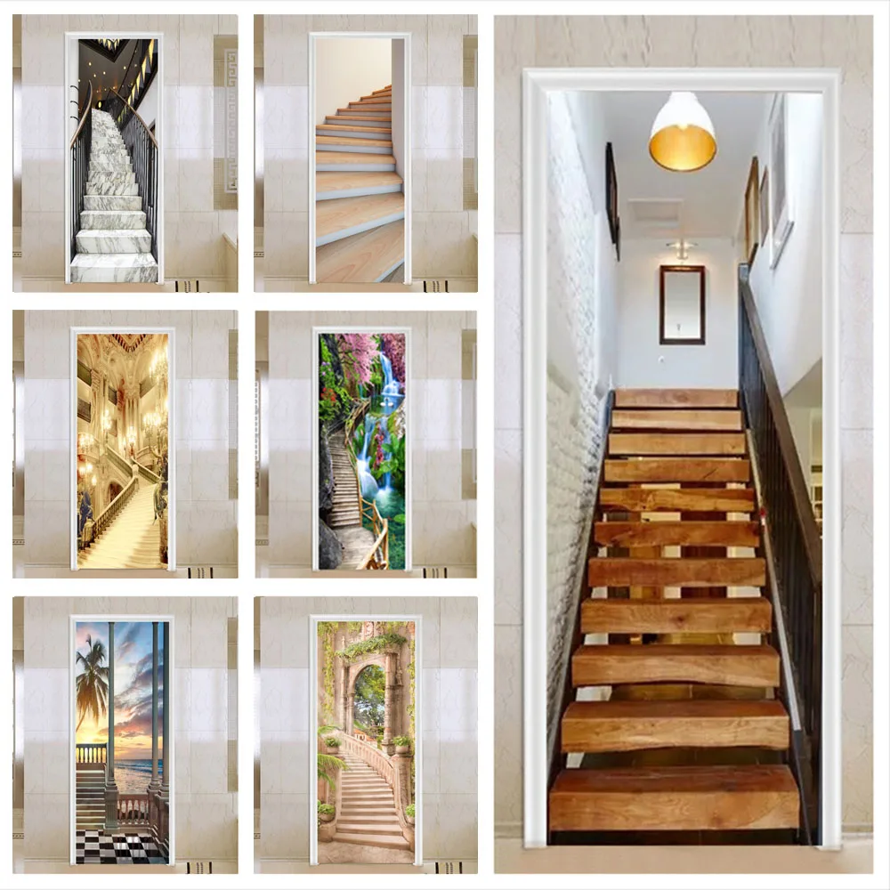 

3D stairs pattern Door Sticker Self Adhesive Wallpaper DIY PVC Waterproof Mural For LivingRoom Bedroom Stickers Home Decor