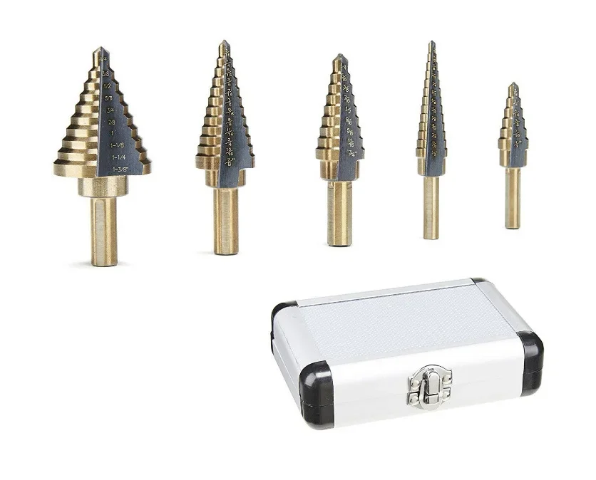 Oem Step Drill Bit Set-5 Pieces Hss Titanium Coated Step Drill Bits With Center Punch-50 Sizes High Speed Steel Step Bits For Me