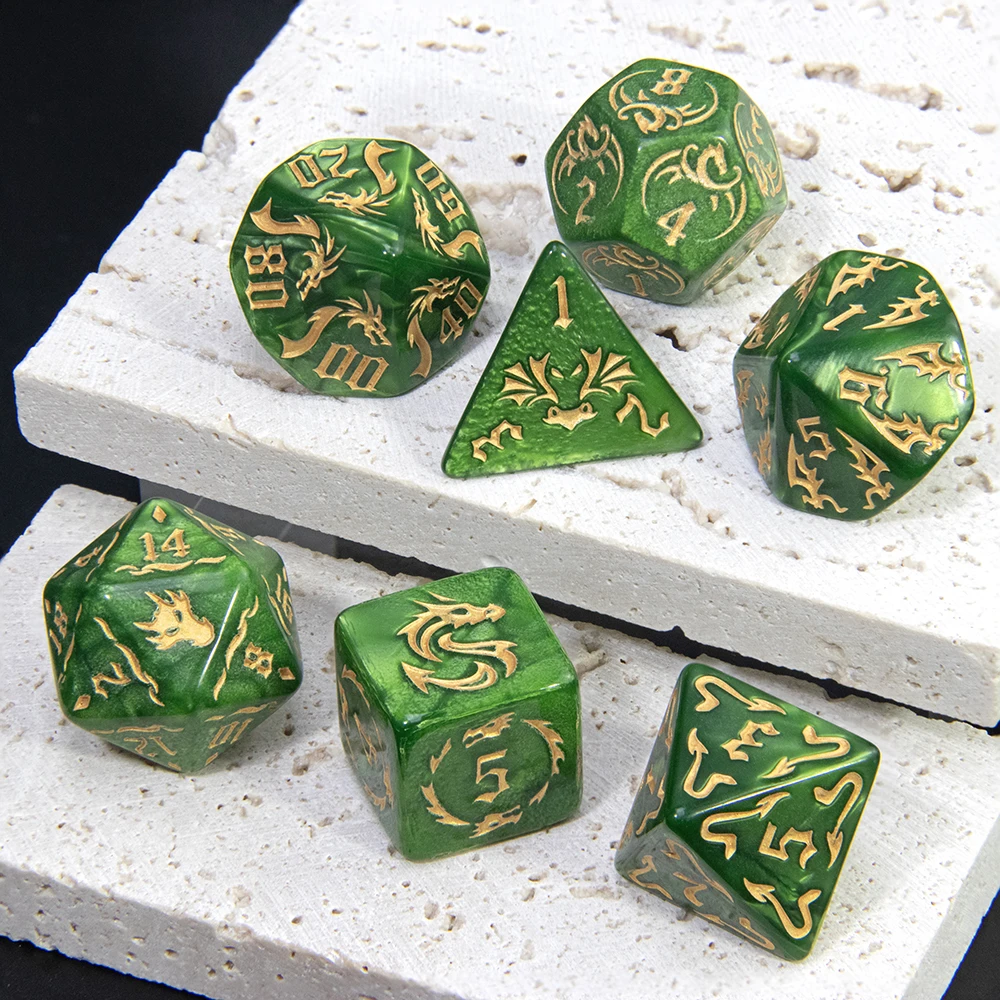 Dragon Pattern Dice - 7pcs Marble Polyhedral D4-D20 Dice for Entertainment Board Game DND RPG