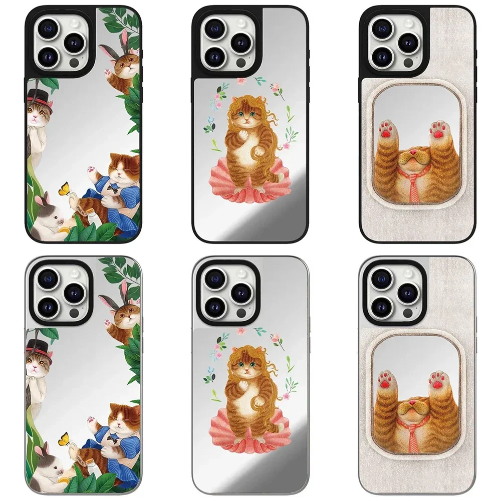 

Cute Cat Cartoon Black Silver Border Mirror IPhone 12 13 14 15 16 Pro Max Case - Protective IPhone Case with MagSafe