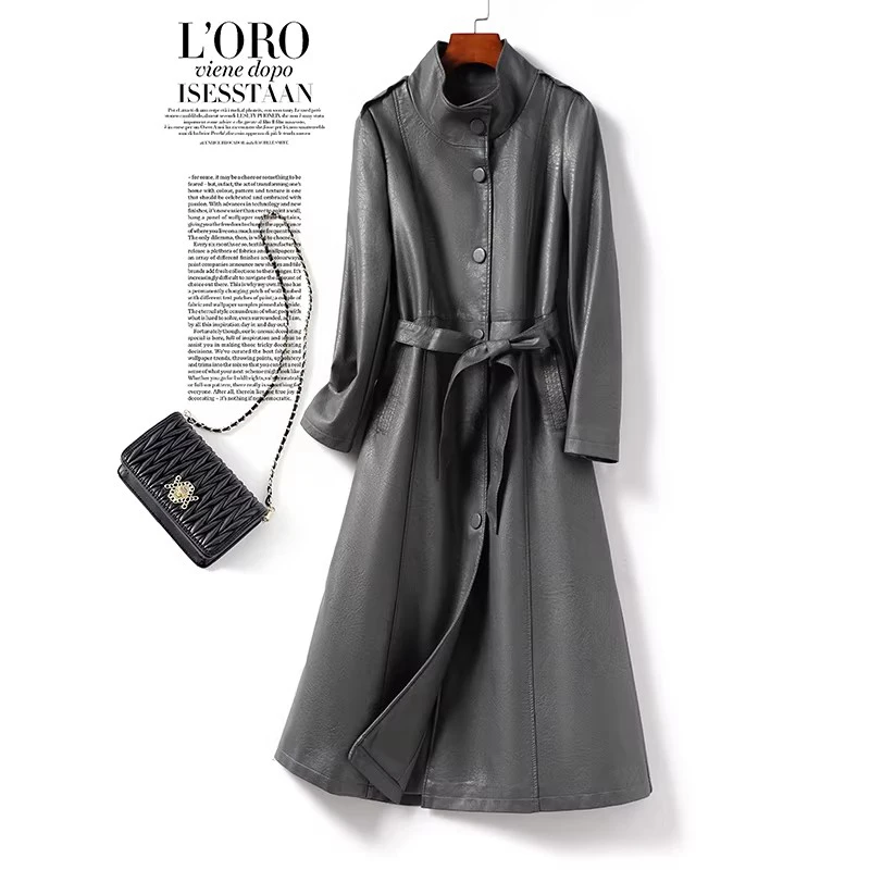 

New Women Split Leather Long Coat Spring Autumn Fashion Stand Collar Single Breasted Slim Trench Coat Simplicity Casual Coat