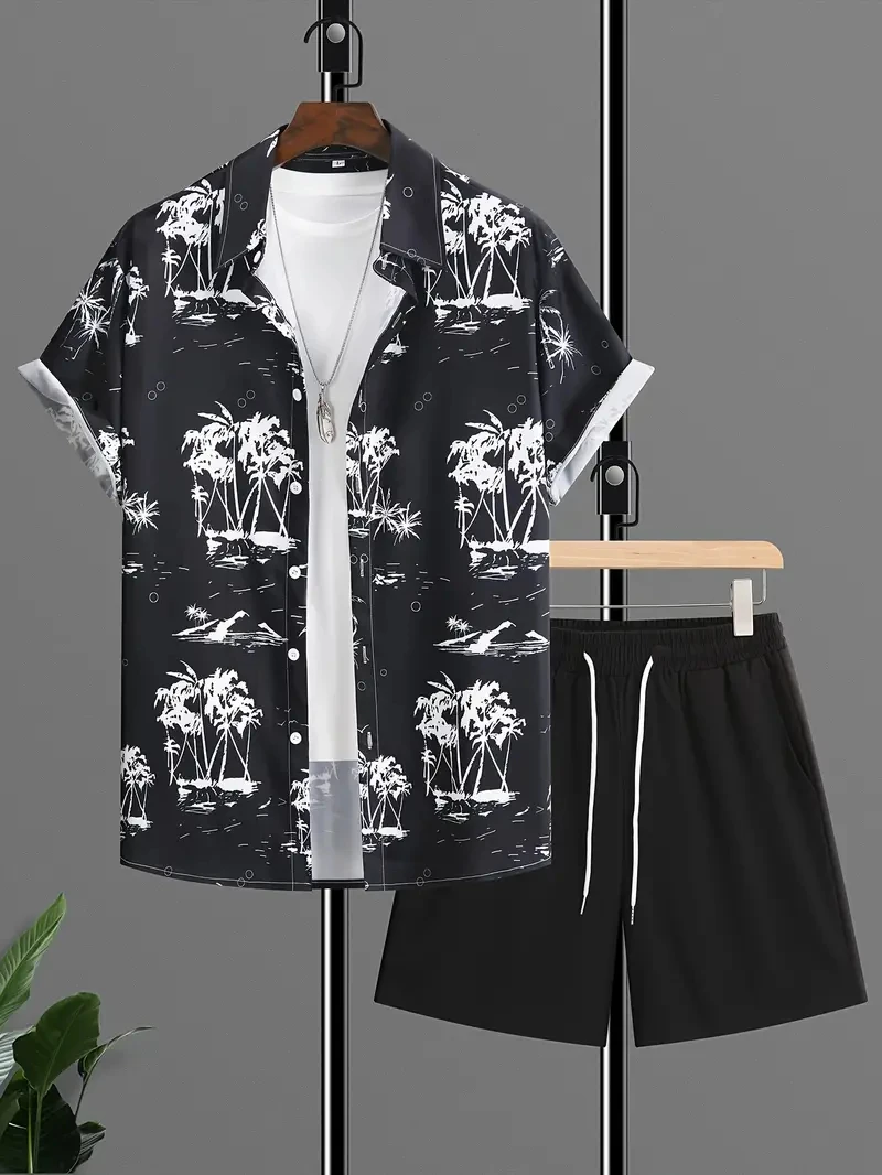 Beach  For Men 2 Piece Set Hawaiian Shirt Shorts Men's T Shirt Set Fashion Coconut Tree Print Summer Loose Casual Outfits