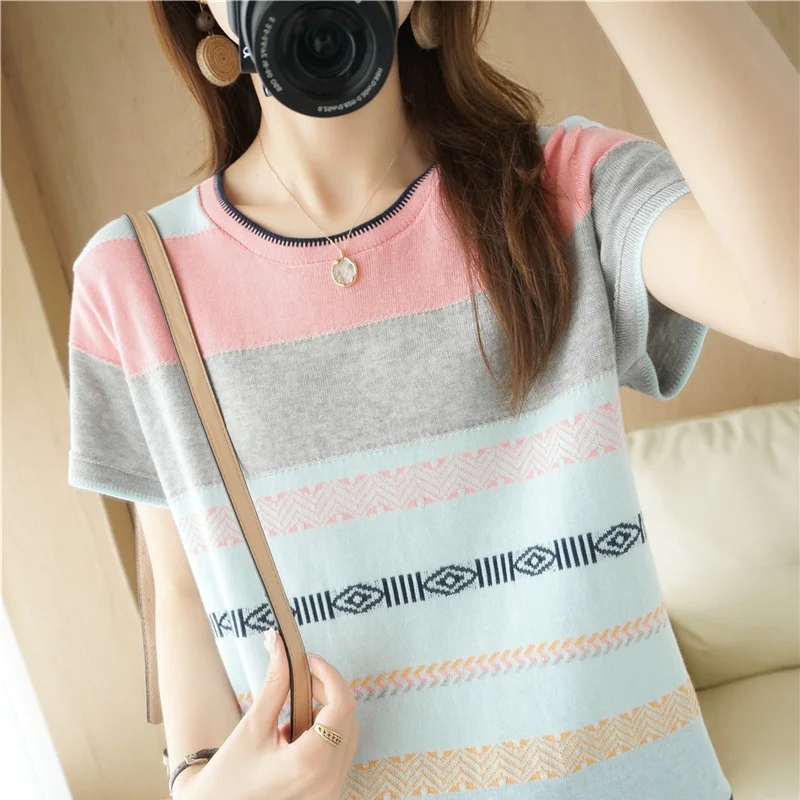 Summer New Striped Short-Sleeved T-shirt Female Cotton Contrast Rainbow Knit Bottoming Shirt Loose Slim Sweater