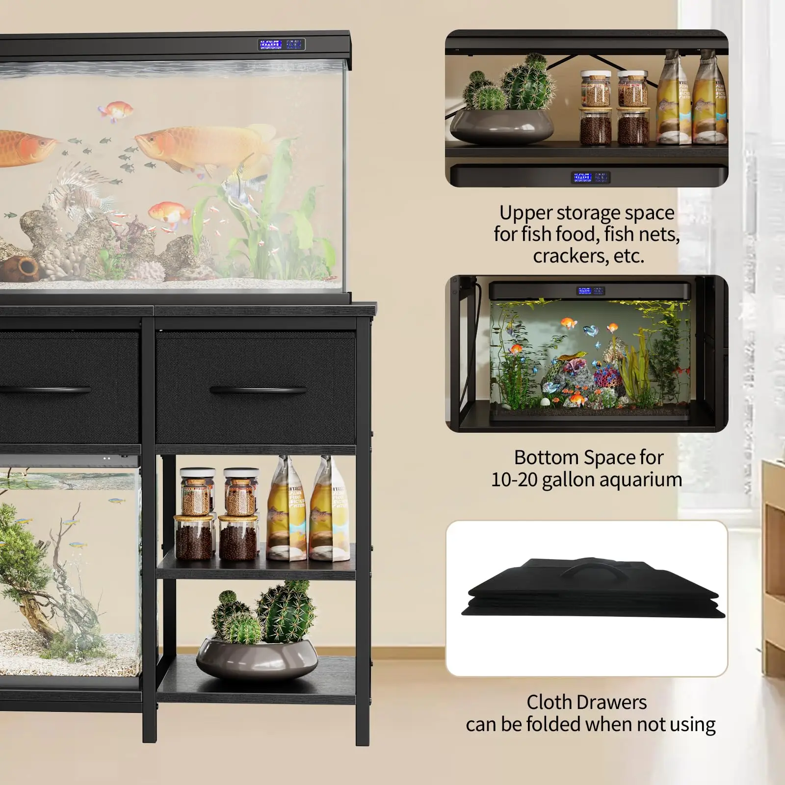 Heavy-Duty Aquarium Stand for 55–75 Gallon Fish Tank - Dual-Tier Metal Frame Cabinet w/ Storage Drawers & Shelves - LED