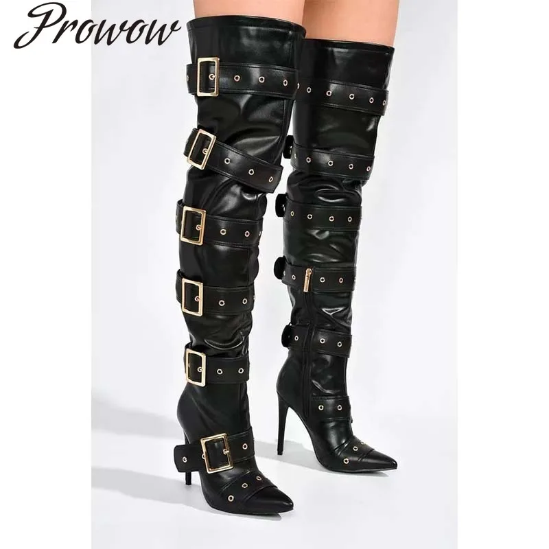 

Новые пикантные сапоги выше колена с острым носком и пряжкой на ремне, женская обувь Zapatos Mujer