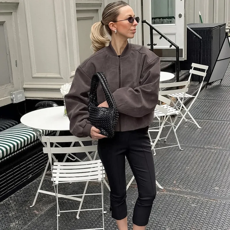 Talenza Women Grey Jacket Retro Fashion Streetwear Long Sleeve Coats Autumn Pilot Zipper Jacket Loose Chic Office Female Jacket