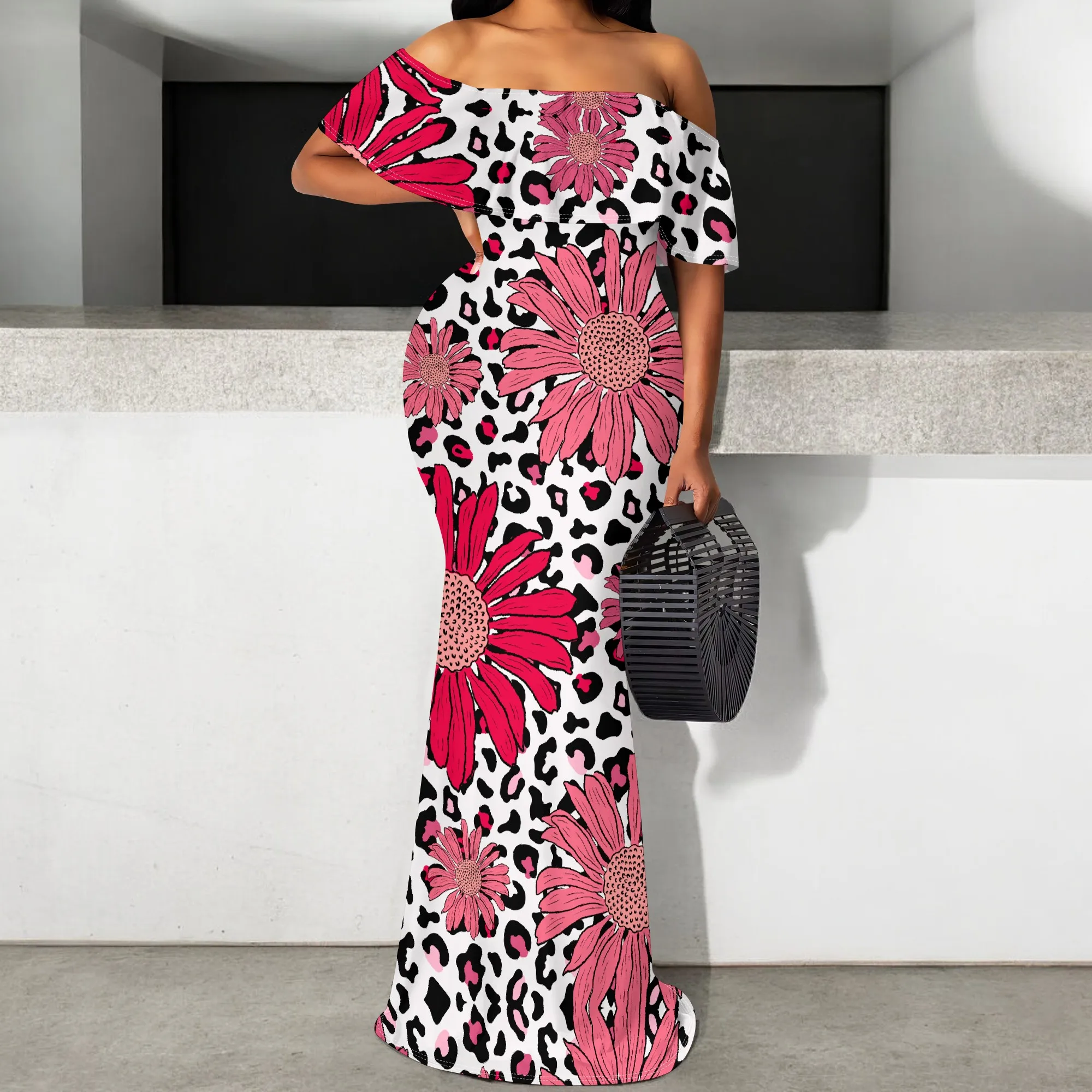 

Leopard Floral Maxi Dress S-3XL Off Shoulder Mermaid Style with Pink Daisy Print for Afro Glam, Juneteenth or Clubwear Look