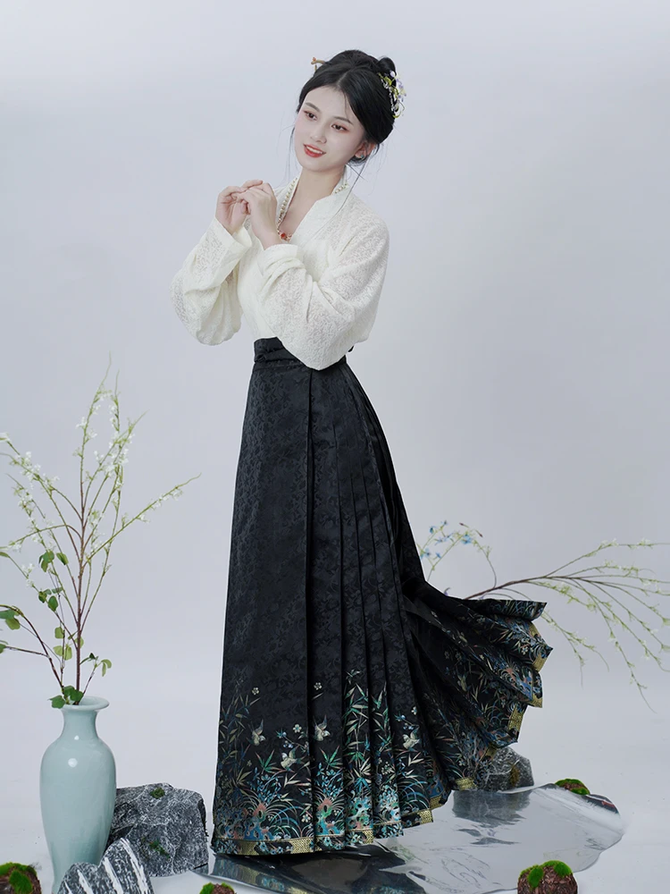 

Original Hanfu Bieng Luoang Bla Ming Dynas Sle Women's f Skirt Imitation Lacquerware Floral eup A-Line Polyester