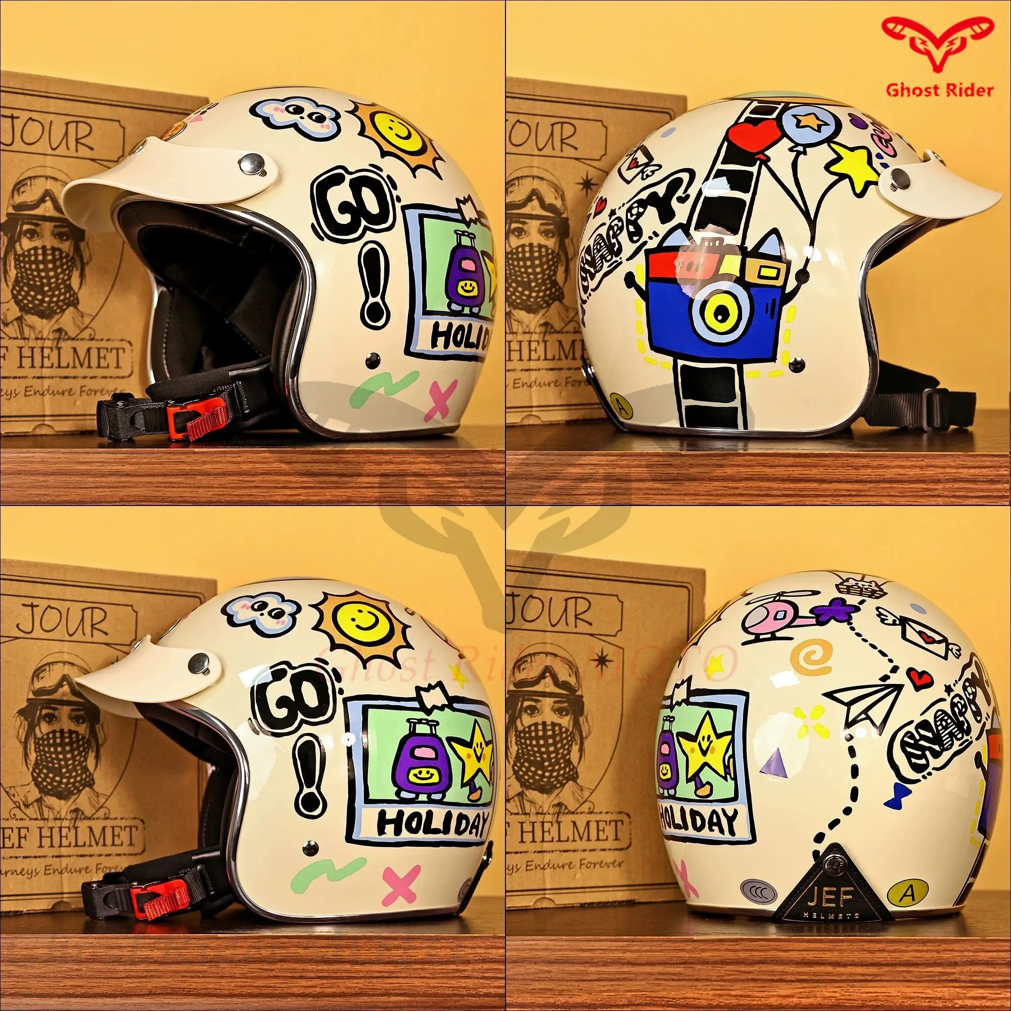 JEF retro motorcycle helmet men's colorful holiday pedal helmet 3/4 helmet cartoon autumn and winter casco moto